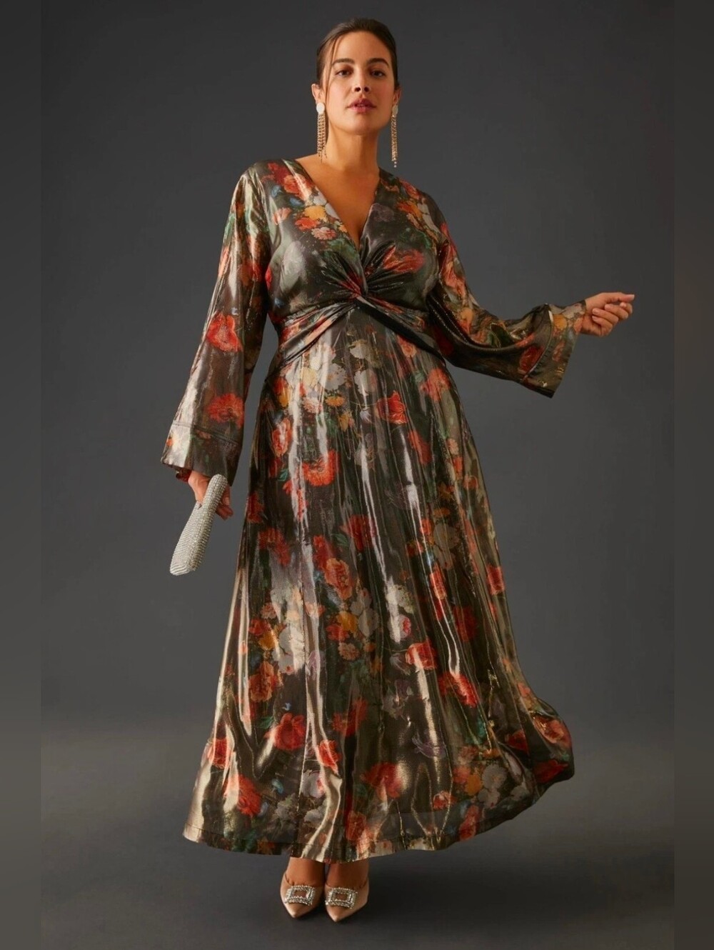 Anthropologie Caballero Metallic Floral Maxi Dress